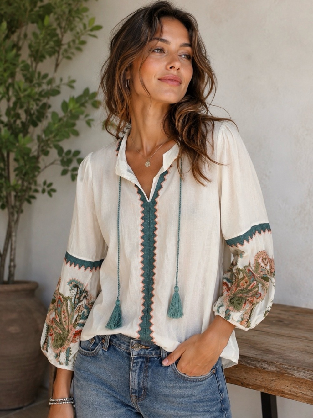 Chicos‎ boho embroidered peasant style top sz S
